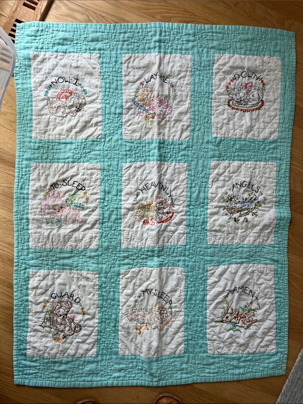 VINTAGE Embroidered Aqua and White Baby Quilt